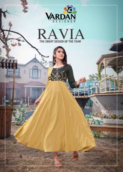 Ravia Vol 1 By Vardan Designer Fancy Rayon Long Kurti Collection